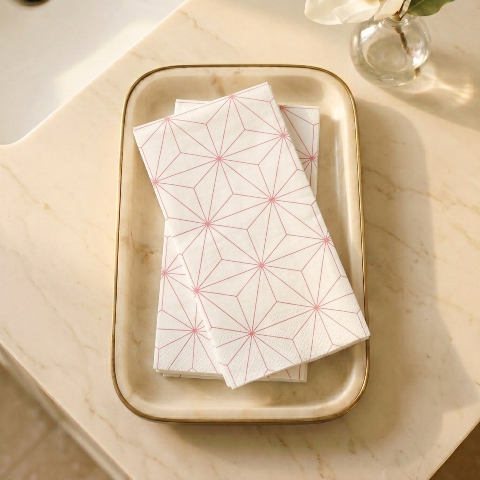 SimuLinen Disposable Guest Towels 12x17" - White with Pink Geometrical Desgins 